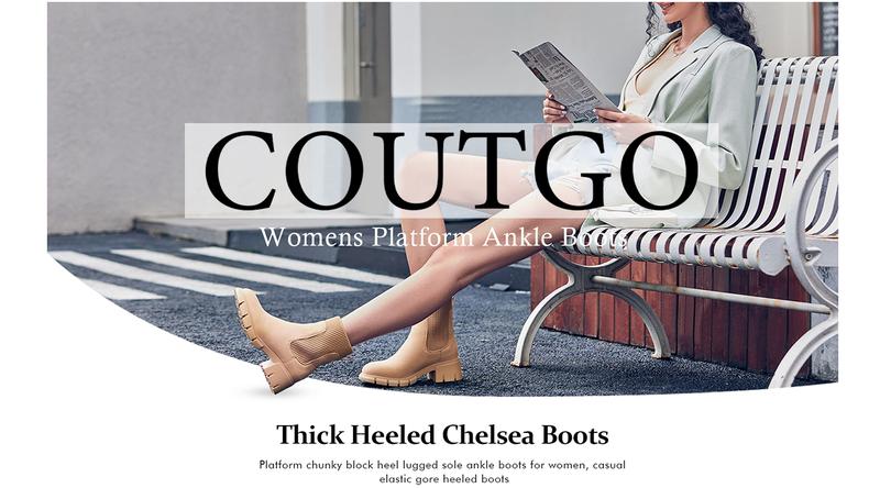 Coutgo Womens Platform Ankle Boots Elastic Chunky Block Heel Chelsea Booties Lug Sole Non-Slip Combat Winter Shoes fantasia  boots  ground