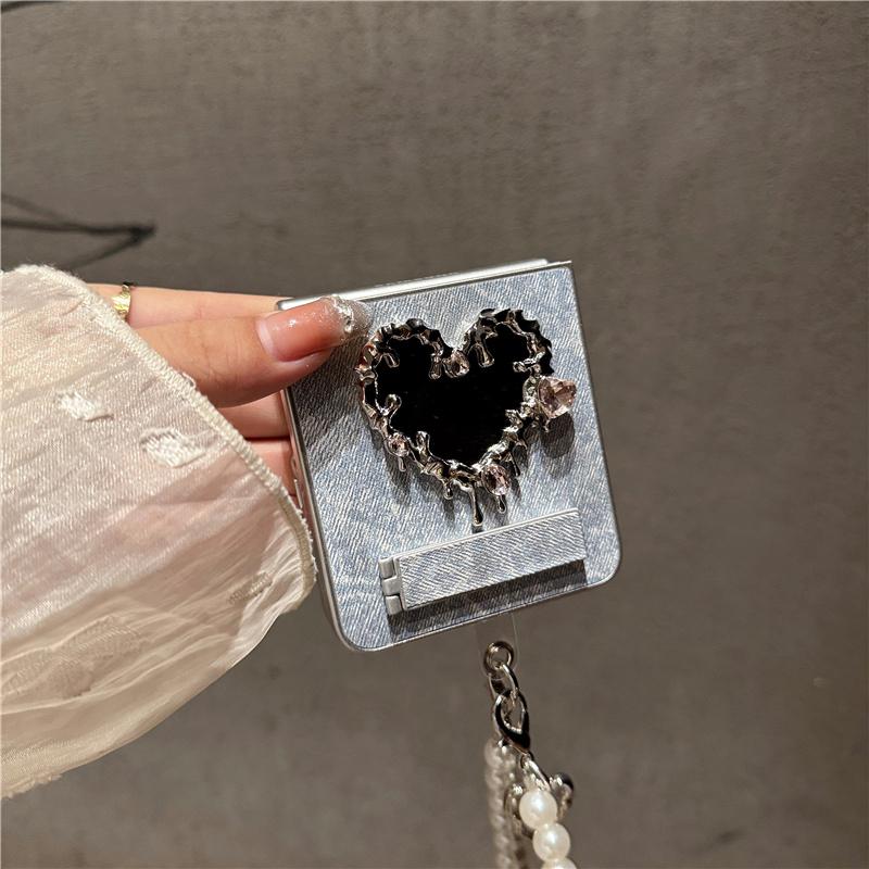 Korean Cute Heart Mirror Stand Phone Case For Samsung Galaxy Z Flip 7 6 5 4 3 Flip6 Flip7 Cover with Chain Denim Cute Cases Capa