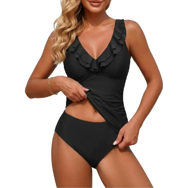 Yonique Womens Two Piece Swimsuits Ruffle Flounce Tankini Tummy Control Bathing Suits V Neck Swimwear