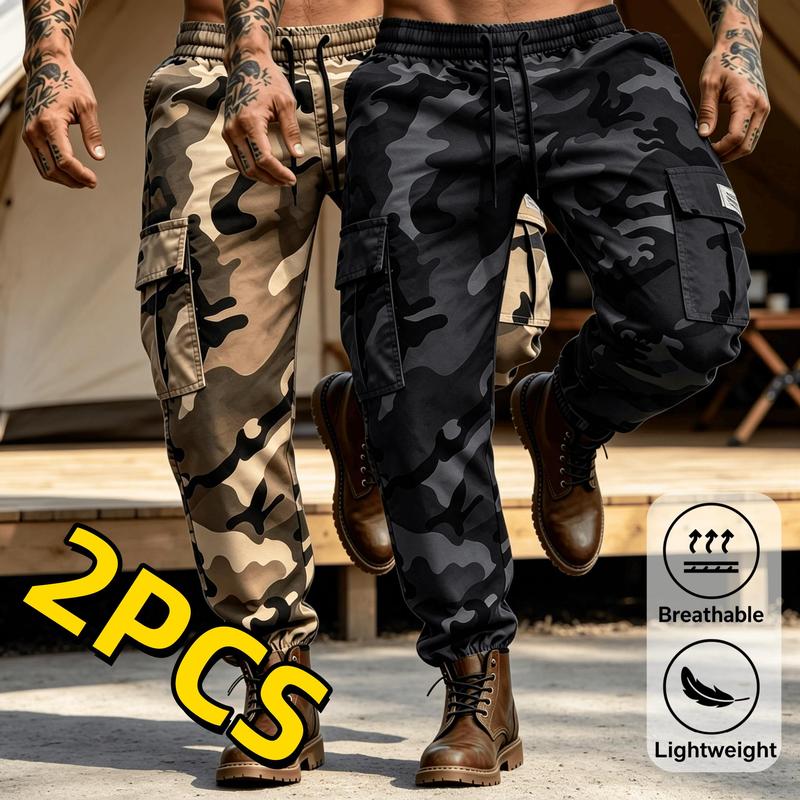 2PC Men's Casual Jogging Pants - Loose Fit Work Pants with Drawstring Waist and Pockets, Camouflage and Solid Color, Suitable for All Seasons, Outdoor Sports