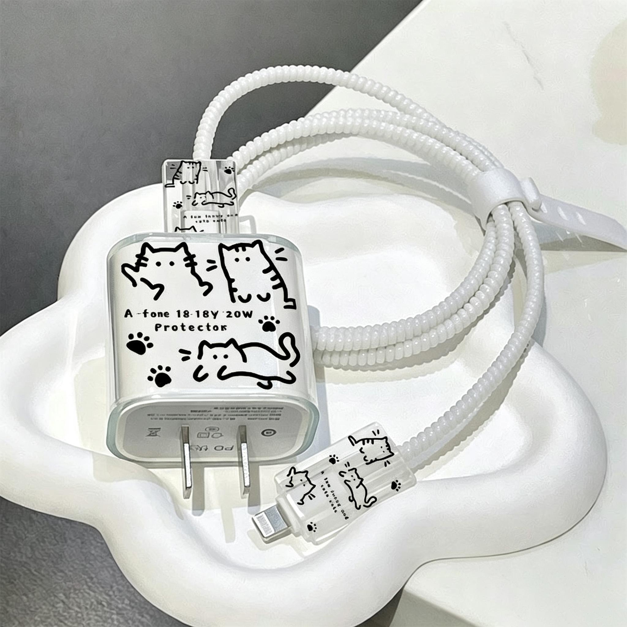 Cute Cat Charger Protection Set, Transparent Case with Paw Print Design, Spiral Cable Protector, iPhone 18w 20w PD Charging Accessories