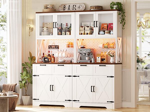 Unikito 71" Kitchen Pantry Storage Cabinet with LED Light & Power Outlet，Freestanding Buffet Cabinet with Microwave Stand,4 Door Shelves, tall Wine Rack