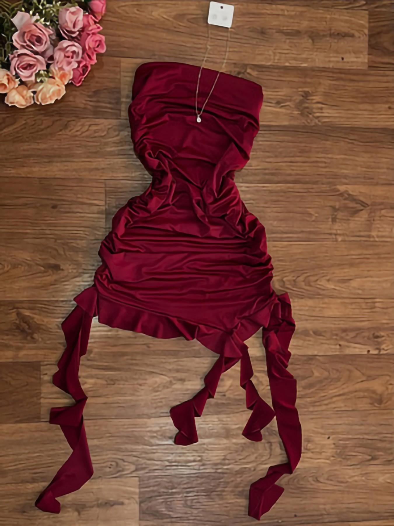 Elegant French Style Burgundy Sleeveless Dress, Asymmetrical Hem, Slim-Fitting, Perfect for Parties, Beach, Music Festivals, Summer