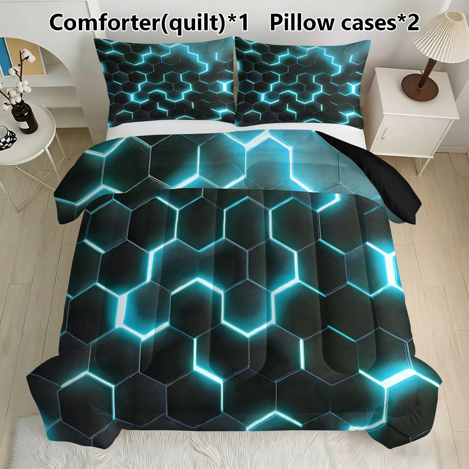 Hexagon Glow Bedding Set, Includes 1 Comforter & 2 Pillowcases, Cyberpunk Tech Decor, Synthetic Fiber Material, Home Bedroom Essentials