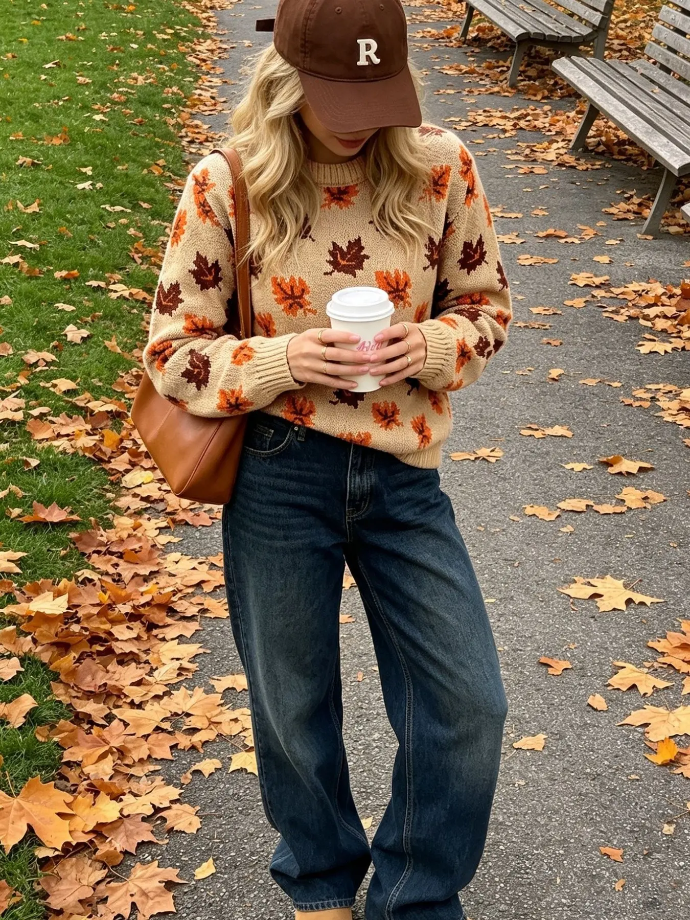 Women's Round Neck Maple Leaf Jacquard Regular Fit Fall Winter Casual Fashion Versatile Knit Pullover – Fall Winter Vibes Sweater Wear
