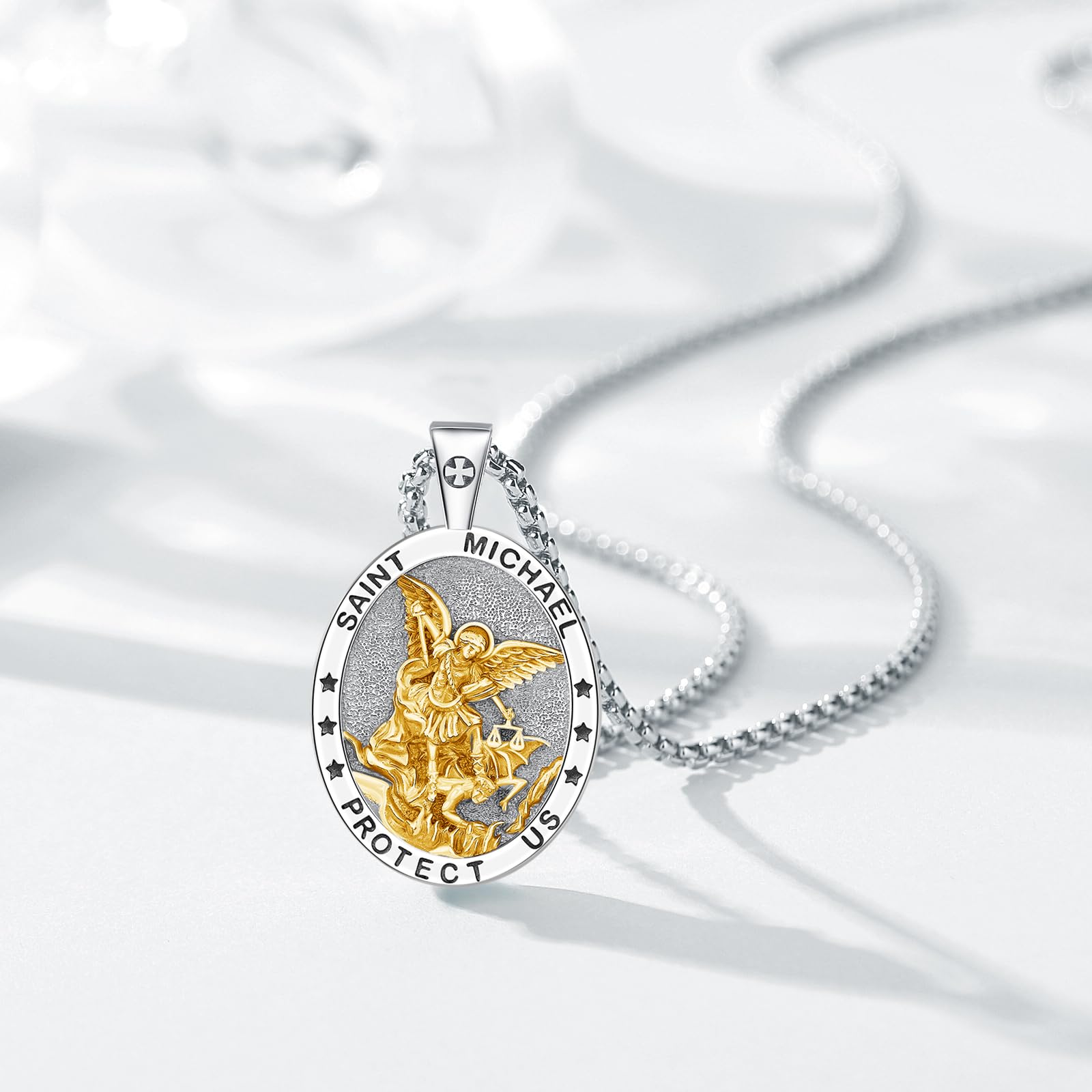 DRINSPER S925 Golden St Michael Necklace Protection Amulet the Archangel Saint Michael Protect Us Catholic Talisman Daily Wear Jewelry for Men