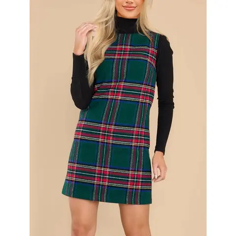 Imily Bela Women's Plaid Christmas Dress Mini Sleeveless Round Neck A Line Short Xmas Party Dresses S-3XL