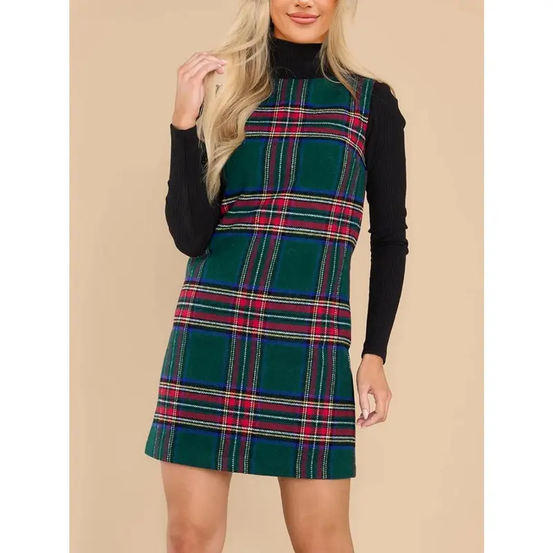 Imily Bela Women's Plaid Christmas Dress Mini Sleeveless Round Neck A Line Short Xmas Party Dresses S-3XL