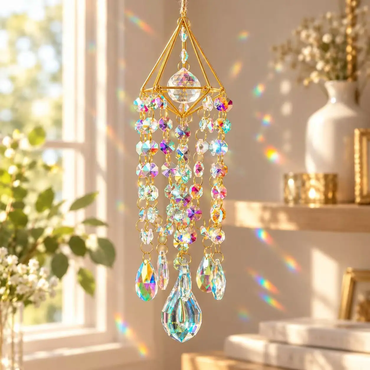 Crystal Suncatchers Hanging Outdoor Garden Accessories Wind Chimes Style Garden Suncatcher Rainbow Maker Handmade Gold Plated Suncatcher