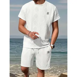 Men's Summer Casual Sports Suit 2-Piece texture Set Jacquard Texture Fabric Breathable Round Neck T-Shirt & Shorts Formal Tropical Man Top Suits Menswear Clothes Crewneck Shortsleeve  Suitable for daily leisure running tiktok shop deals gifts for him Spri