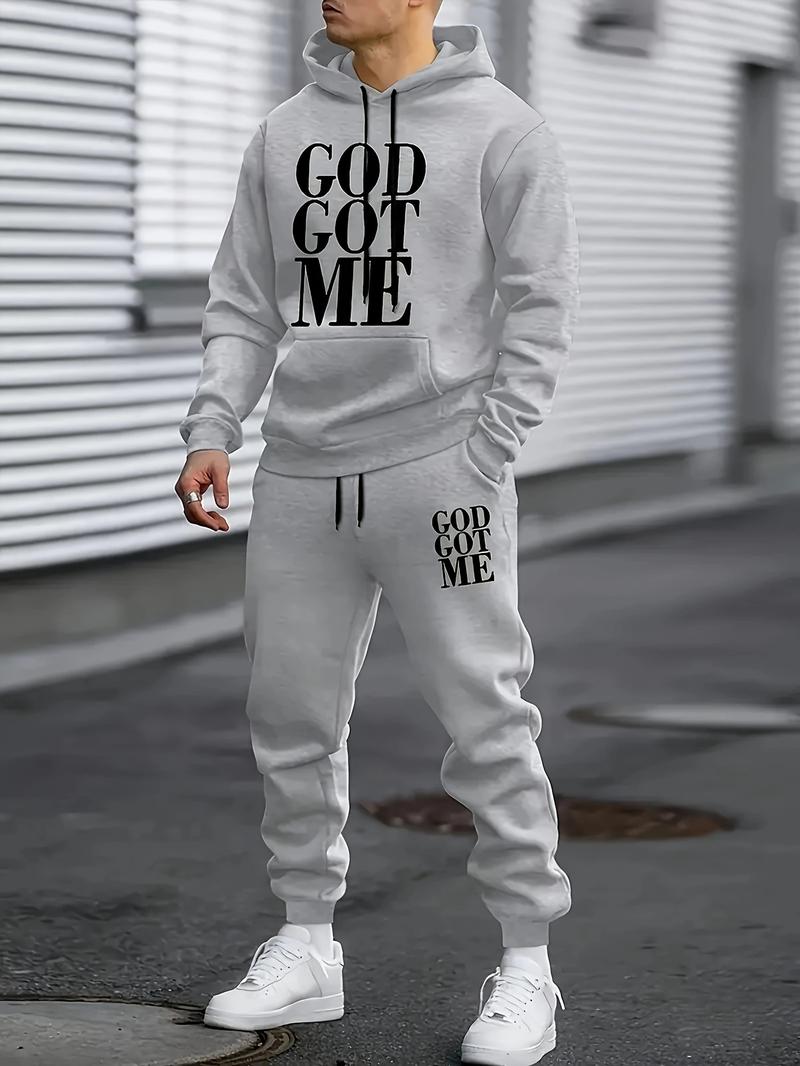 Casual hoodie and sweatpants set - fleece lining, long sleeves, printed design | machine washable