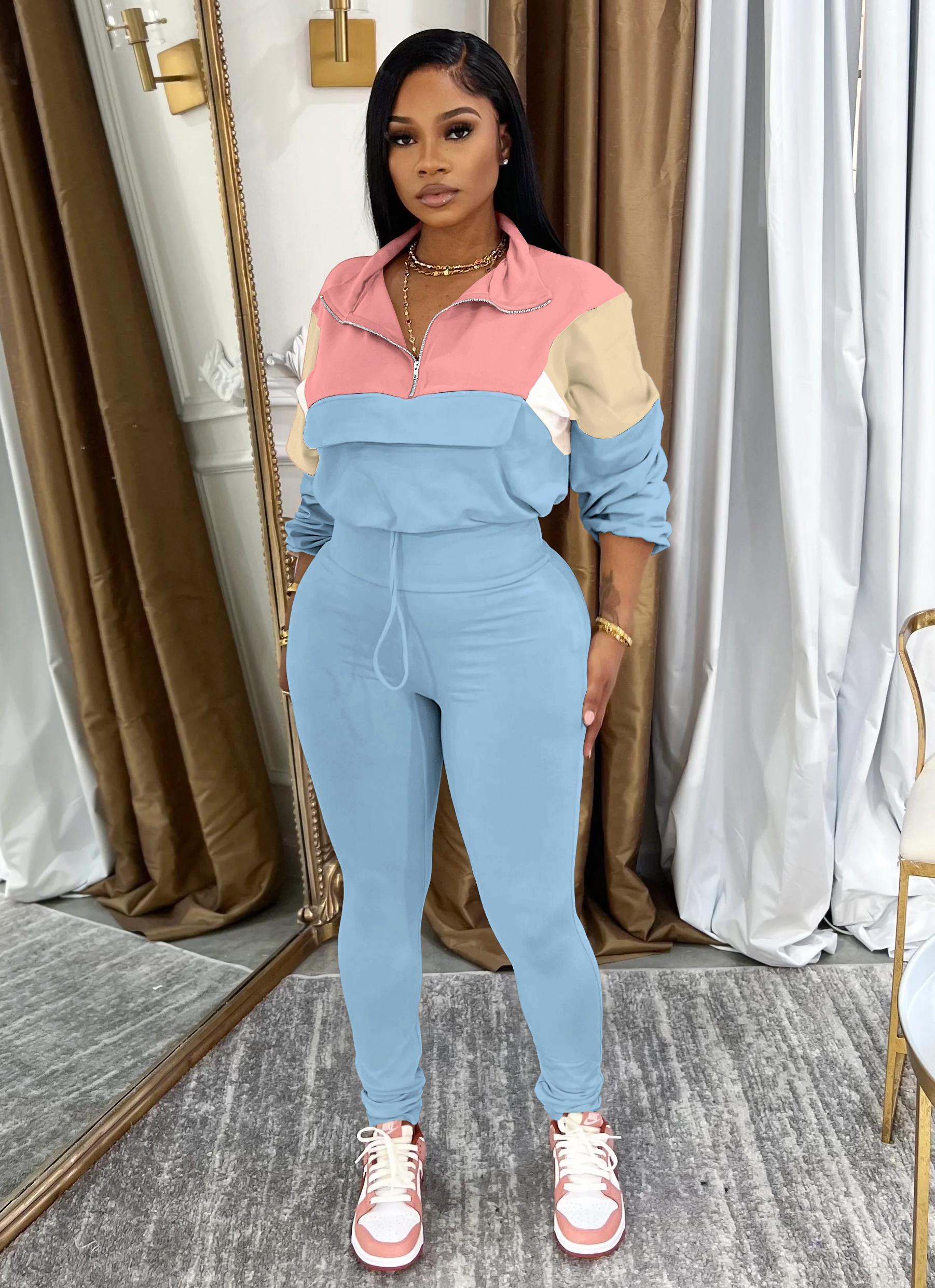 USBoutique Chic Women's Two Piece Outfits Knit Zip Top Jacket & Elastic Waistband Pant Tracksuit Sets 2-piece Pink Blue Colorblock