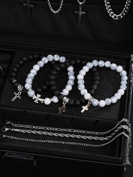 Men's Stainless Steel Jewelry Set, Casual Cross Necklace & Bracelet Pair, All-Seasons Accessory Gift for Birthdays & Dates