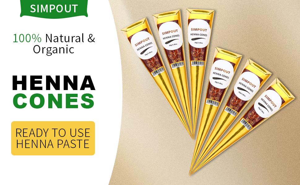 100% Henna Cones - Ready-to-use Henna Paste Hair Dye Cone, Easy to Use, Perfect for Spot Hair Coloring, 6 Pack