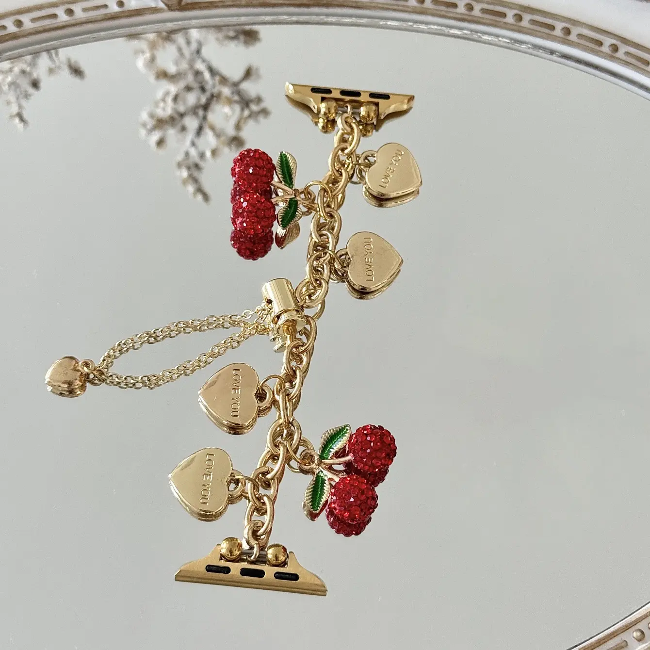 1PC fashionable heart-shaped cherry combination chain Apple Watch bands, Smart Watch Accessories, compatible with Apple Watch 38/40/41/42/44/45/46/49mm, for Ultra/SE/11/10/9/8/7/6/5/4/3/2/1, (watch and case not included), Smartwatch Accessories
