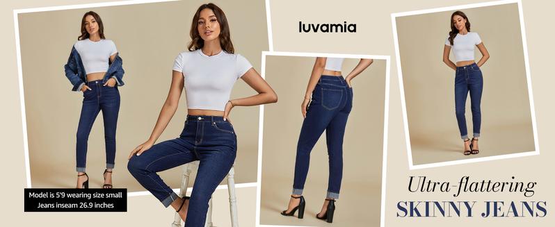 Luvamia Women's High Waisted Skinny Jeans Trendy Fold Hem Slim Fit Stretchy Denim Pants Jeggings with Pockets Streetwear Trouser Dark Blue Minimalist Basic