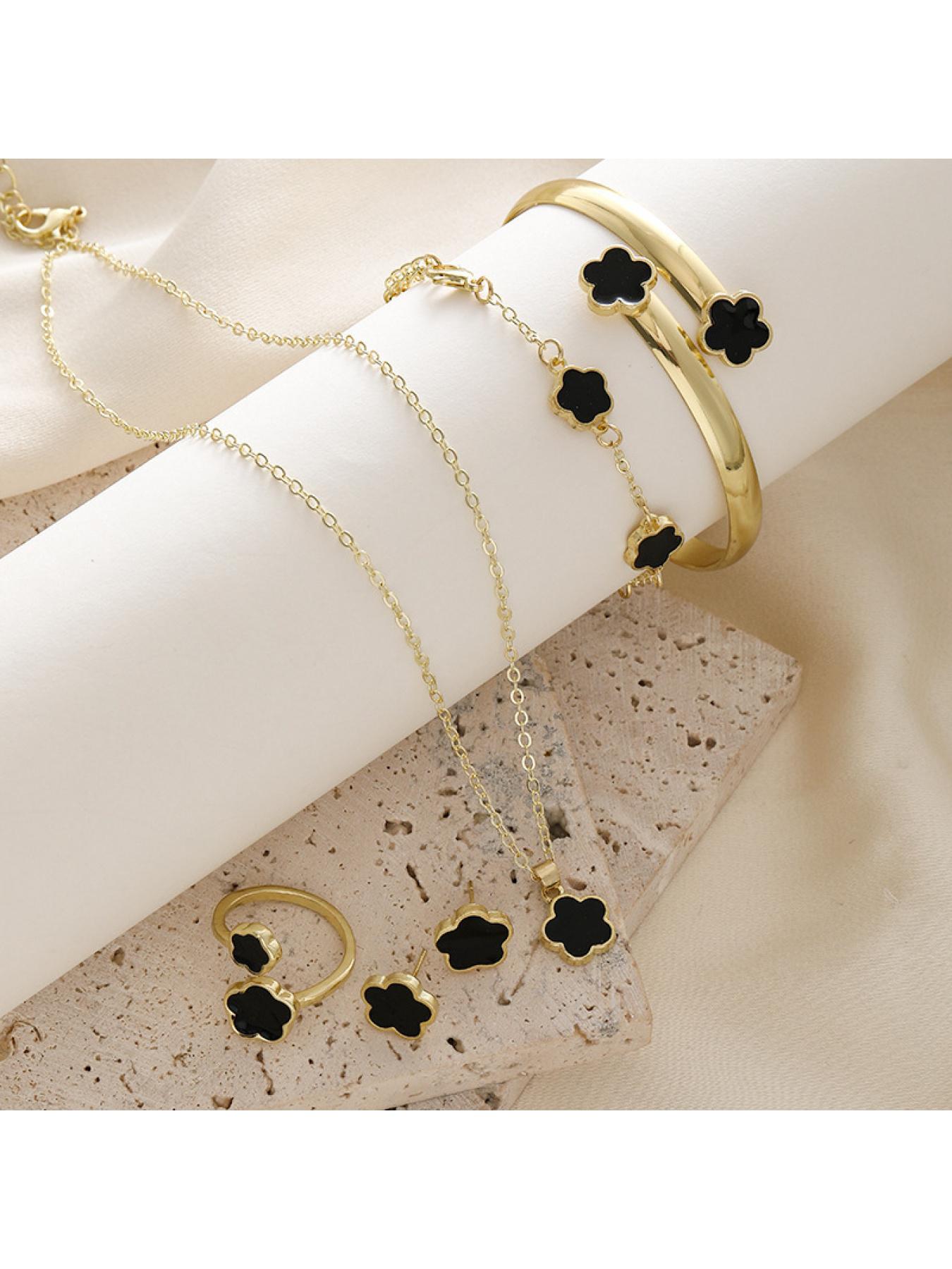 Flower Design (5-piece set), 2025 Summer Clothing Women's Solid Color Bracelet Necklace Bracelet Ring Bracelet, Party, Daily Clothing Decoration, Birthday Gift Jewelry, Party Preparation Bracelet, Fashion Bracelet