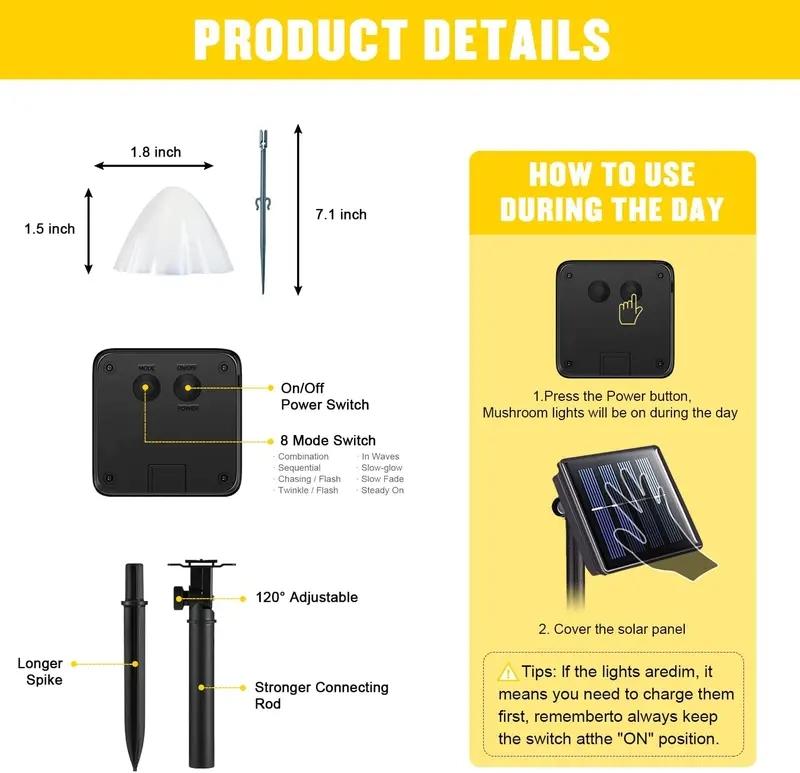 Solar Mushroom Lights for Outside, 20 LED 36ft Solar String Lights, Waterproof, 8 Modes, Garden Patio Yard Decor, Outdoor Pathway Lights