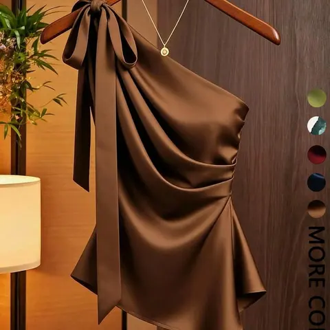 1 Piece One Shoulder Satin Draped Blouse with Bow for Women, Smooth Lightweight, Elegant Commuter Style, Chic