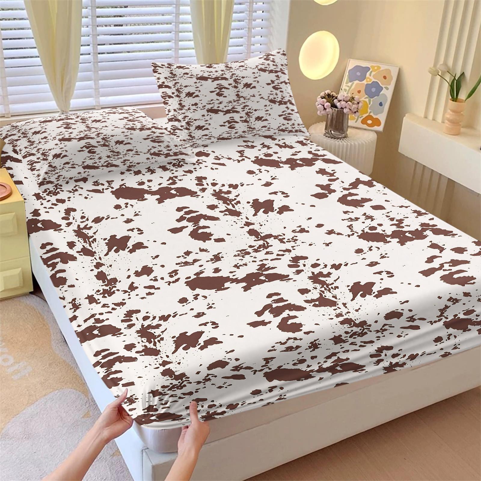 3Pcs Western Aztec Cow Print Fitted Sheet Set with 2 Pillowcases, Southwestern Turquoise Geometric Deep Pocket Elastic Mattress Cover, Boho Cowhide Tribal Bedding, Soft Microfiber Non-slip Bedspread, Printed Bedding Set for Bedroom Decor Bedset