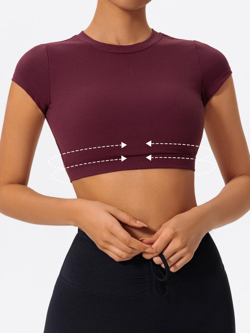 Women's Solid Backless Crop Gym Top Sports Tee, Casual Short Sleeve Round Neck T-Shirt for Daily Wear, Ladies Sportswear for Indoor Outdoor Wear