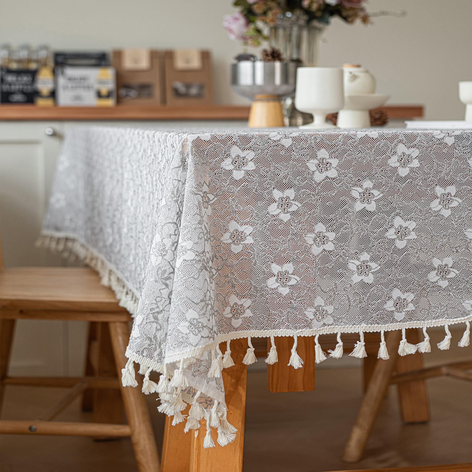 1pc Rustic Lace Fringe Tablecloth, Square Rectangle Camellia Cutout, Vintage Farmhouse Style, European French Retro Design