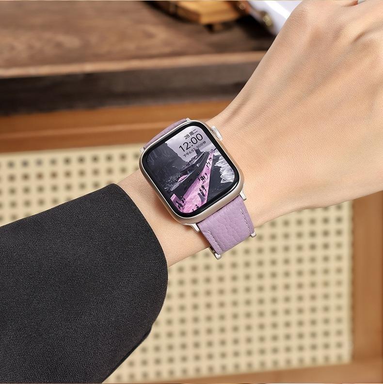 New H-Type Magnetic Buckle Lychee Pattern Leather Smart Watch Strap (38-49mm)