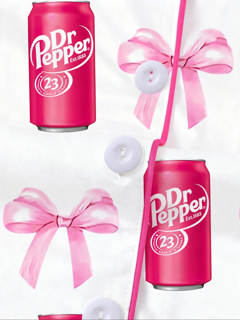 Dr Pepper Soda Can Bow Print Short Sleeve Pajama Set, Cartoon Sleepwear Two-Piece Suit, Casual Loose Fit Home Wear