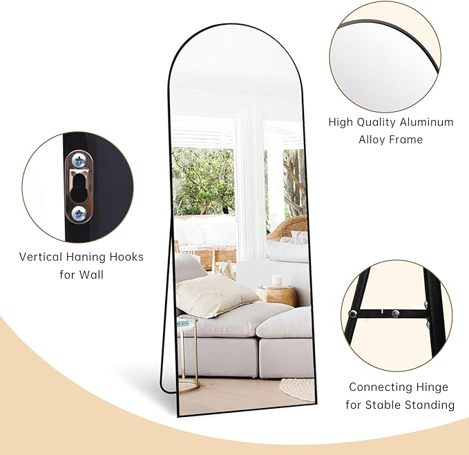 64"x21" Arch Floor Mirror, Full Length Mirror Wall Mirror Hanging or Leaning Arched-Top Full Body Mirror with Stand for Bedroom, Dressing Room, Black