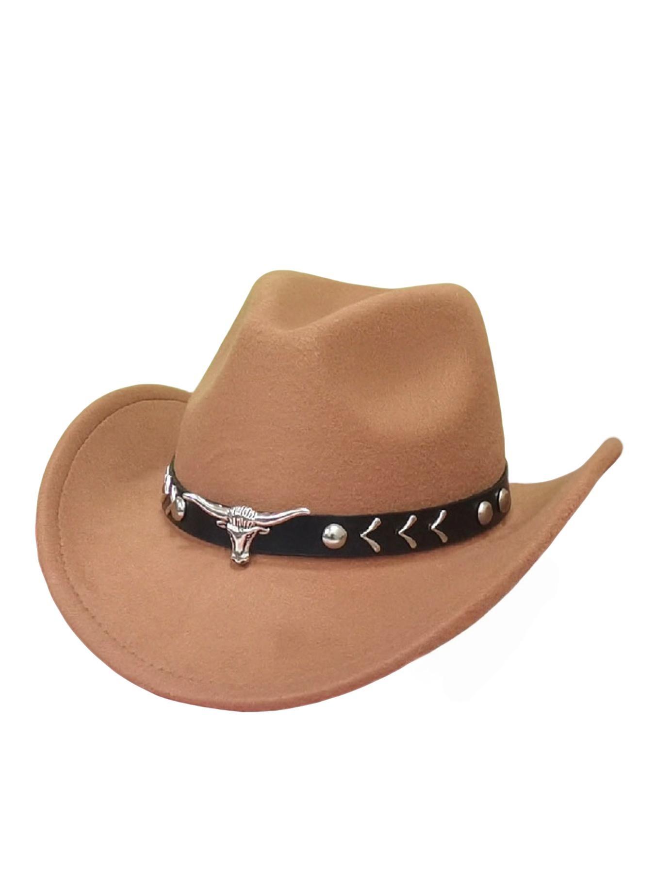 1pcs Bull Head Western Cowboy Hat, All-Season Felt Hat, Unisex Bent Brim Jazz Hat, Fashion Photo Prop, Gift for Men and Women