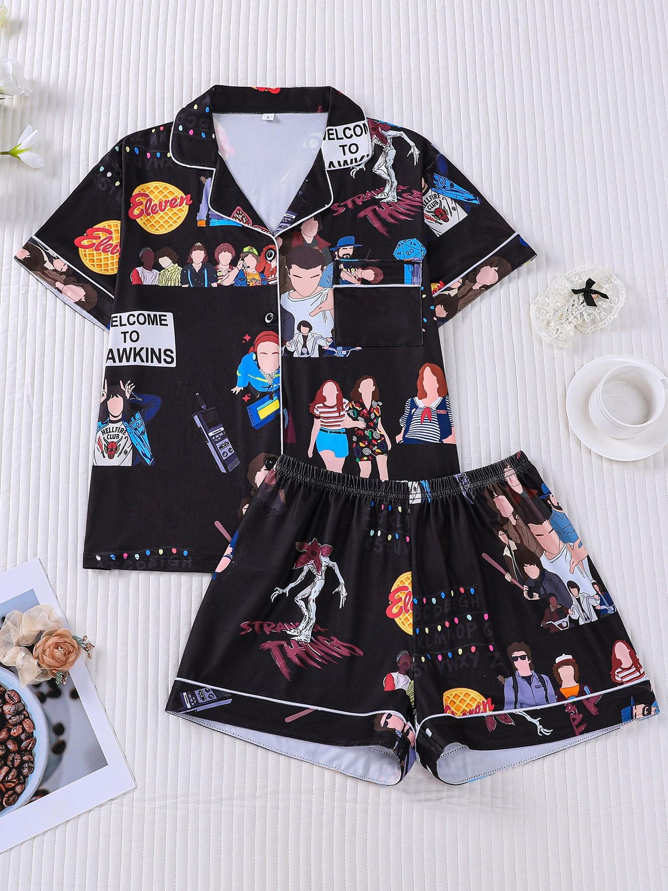Women's 2-Piece Stranger Things Print Lapel Pajama Set, Short Sleeve Button Down Top with Pocket & Elastic Waist Shorts, Soft Comfy All-Season Loungewear, Casual Sleepwear for Ladies Home Daily Wear