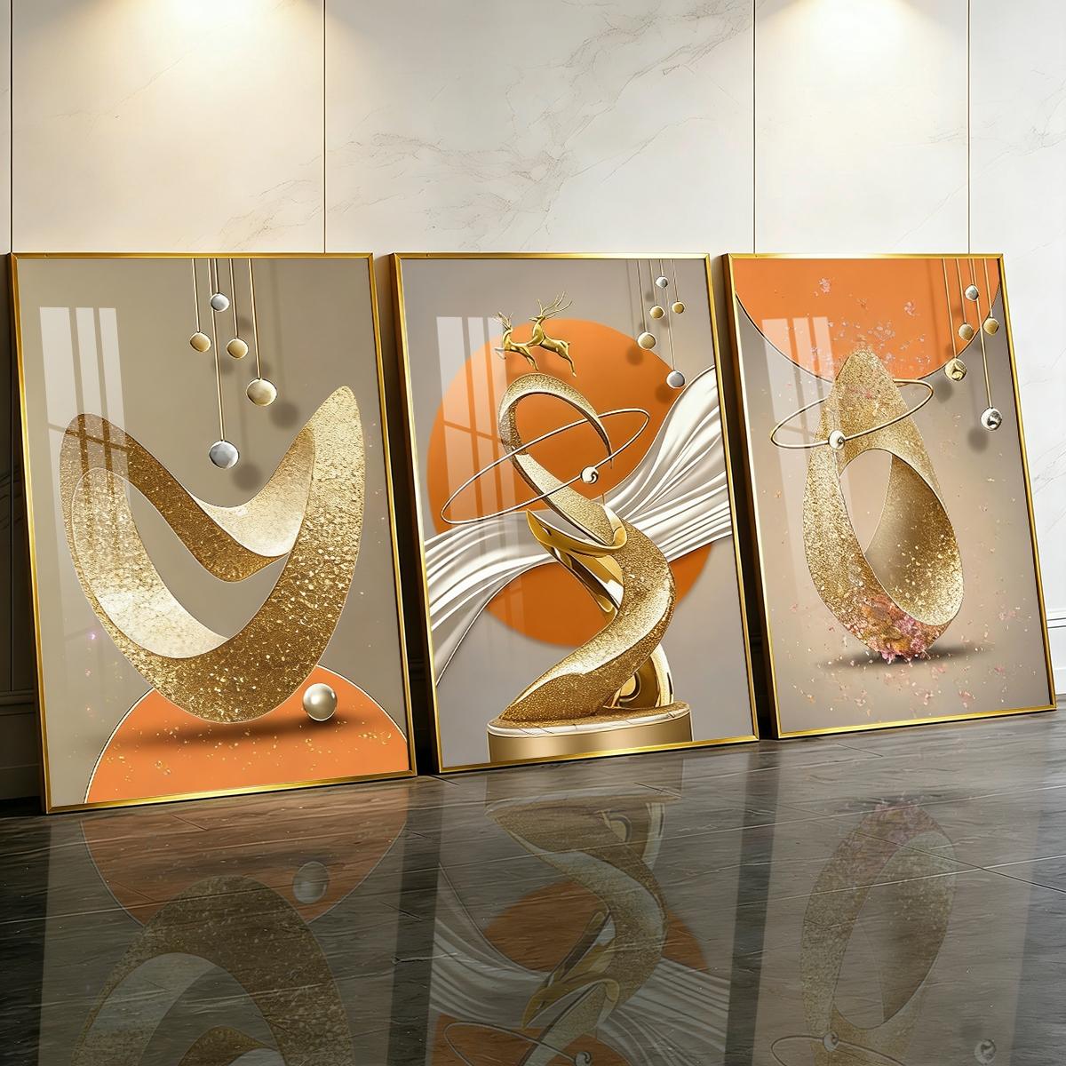 3 Counts Aluminum Alloy Framed Painting, Modern Abstract Golden Sculptural Art Pictures, Home Decoration For Living Room, Bedroom, Office, Restaurant, Hallway Wall Decor, Odorless Print Artwork, Luxury Perfect Gift For Friends And Family