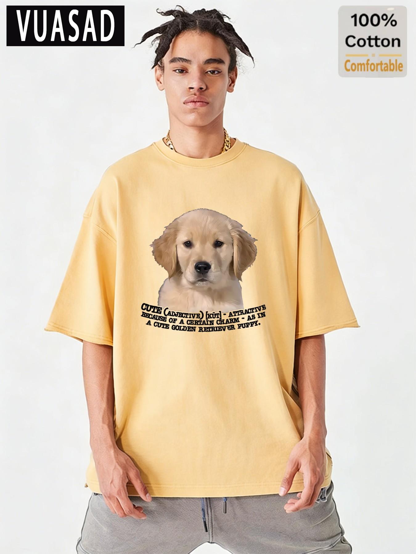 Adorable Golden Retriever Puppy Print Short Sleeve T-Shirt, Men's Loose-Fit Drop Shoulder Cotton Top, Casual Fashion Long Tee