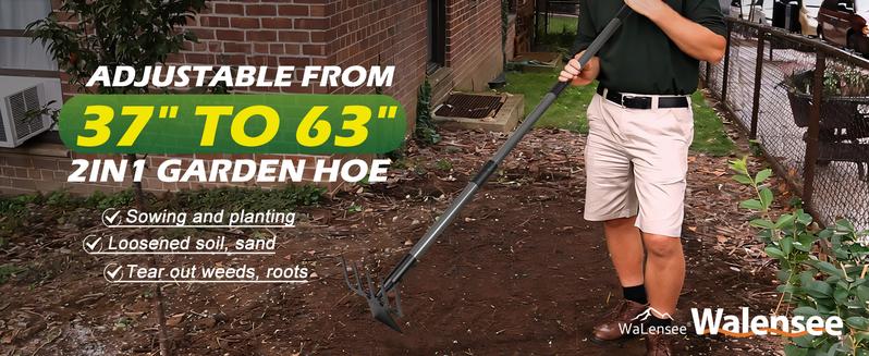 Walensee 2 in 1 Hoe Garden Tool, 63 Inch Garden Hoe Cultivator and 5-Tines Rake with 37-63 Inch Adjustable Long Handle, Grass Pulling Tools Hand Tiller for Yard Lawn Flower Beds Planting Gardening Digging