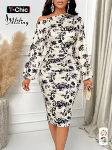 Aliling Women's Elegant Fall Floral Print Dress, One Shoulder Long Sleeve Bubble Sleeves High Waist Bodycon Ruched Midi Dress