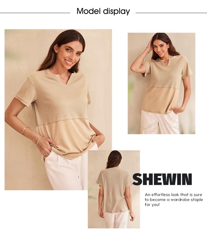 Shewin 2026 Spring/Summer Cozy Oversized Waffle Knit V-Neck Top Women's Short Sleeve Pullover Winter Layering Plus Size for Daily Wear Beach Tee