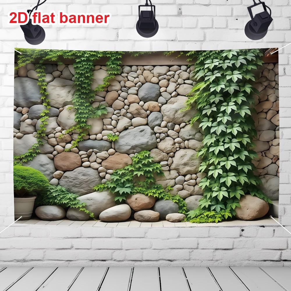 2D Banner, Realistic Stone Wall Plant Background Cloth, Outdoor Garden Courtyard Decoration, Durable Polyester Material, Easy to Hang