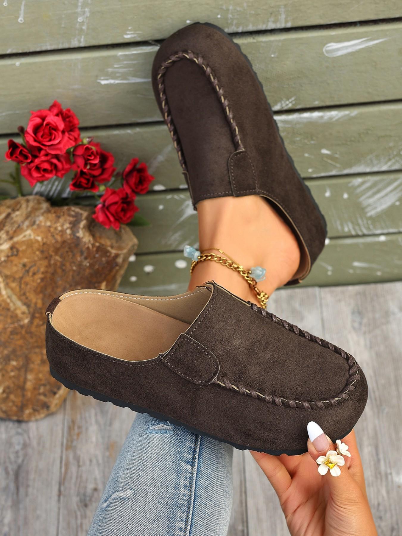 Women Faux Suede Slip On Mule Flats Hand Stitched Trim Closed Toe Backless Loafers Casual Walking Slide Shoes Casual Mules