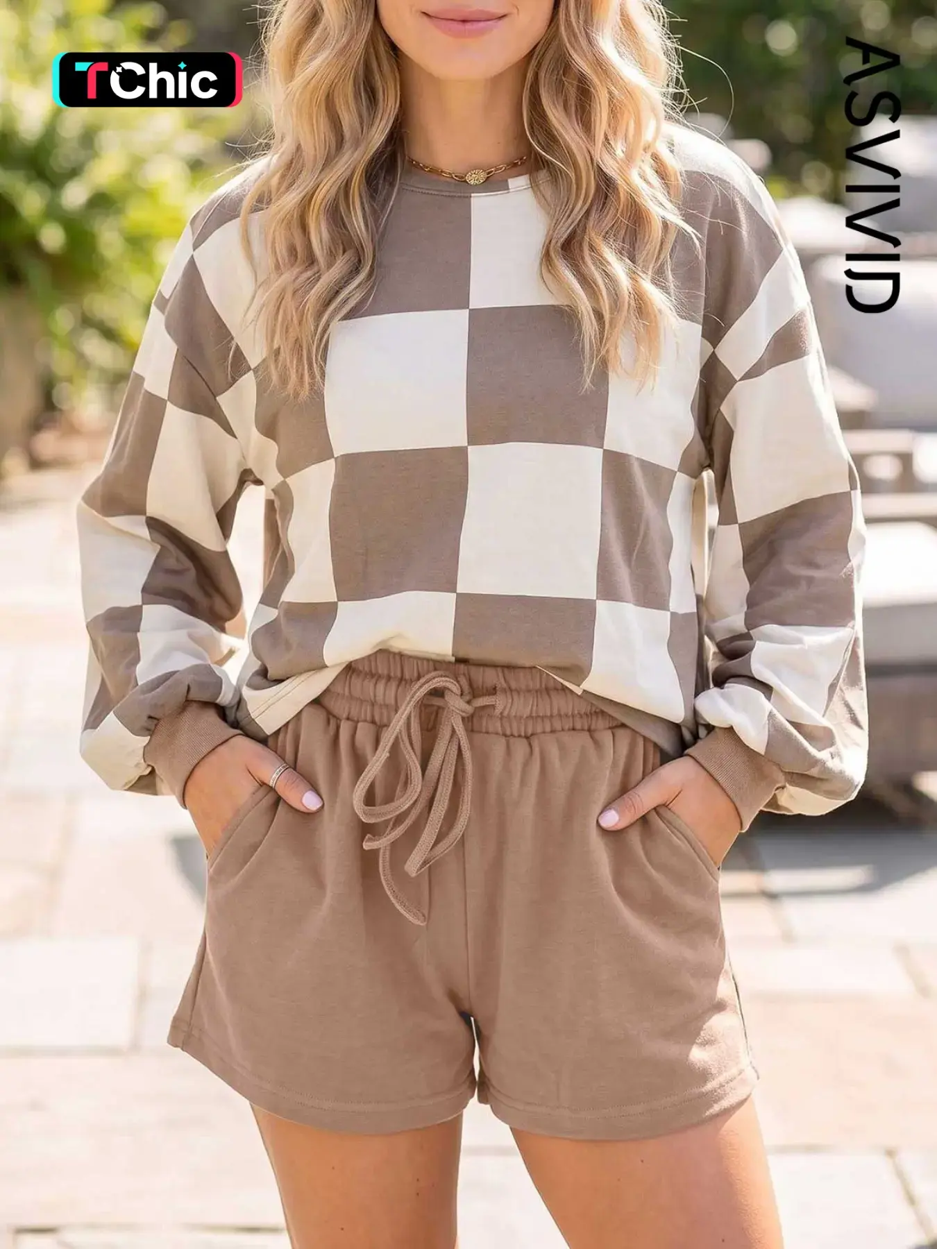 Women's Casual Checkerboard Plaid Long Sleeve Top and Drawstring Pocket Shorts Set, High Waist Two-Piece Set for All Seasons