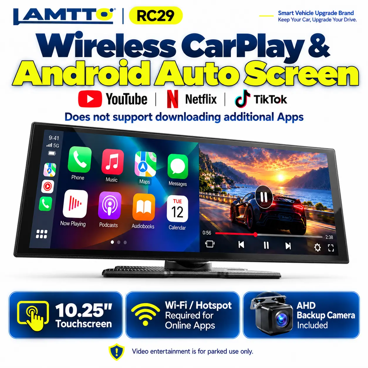 LAMTTO 10.25" Wireless CarPlay & Android Auto Screen for Car, Built-in YouTube, Netflix & TikTok, Dual Bluetooth, Split Screen & AHD Backup Camera