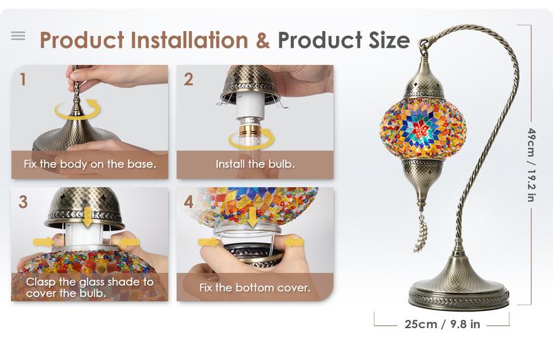 Yarra-Decor Turkish Moroccan Mosaic Table Lamp with Bronze Base - 3 Color Options Handmade Swan Neck Tiffany Mosaic Glass Bedside Lamps for Bedroom, 19" Blue1(LED Bulb Included) Home Design