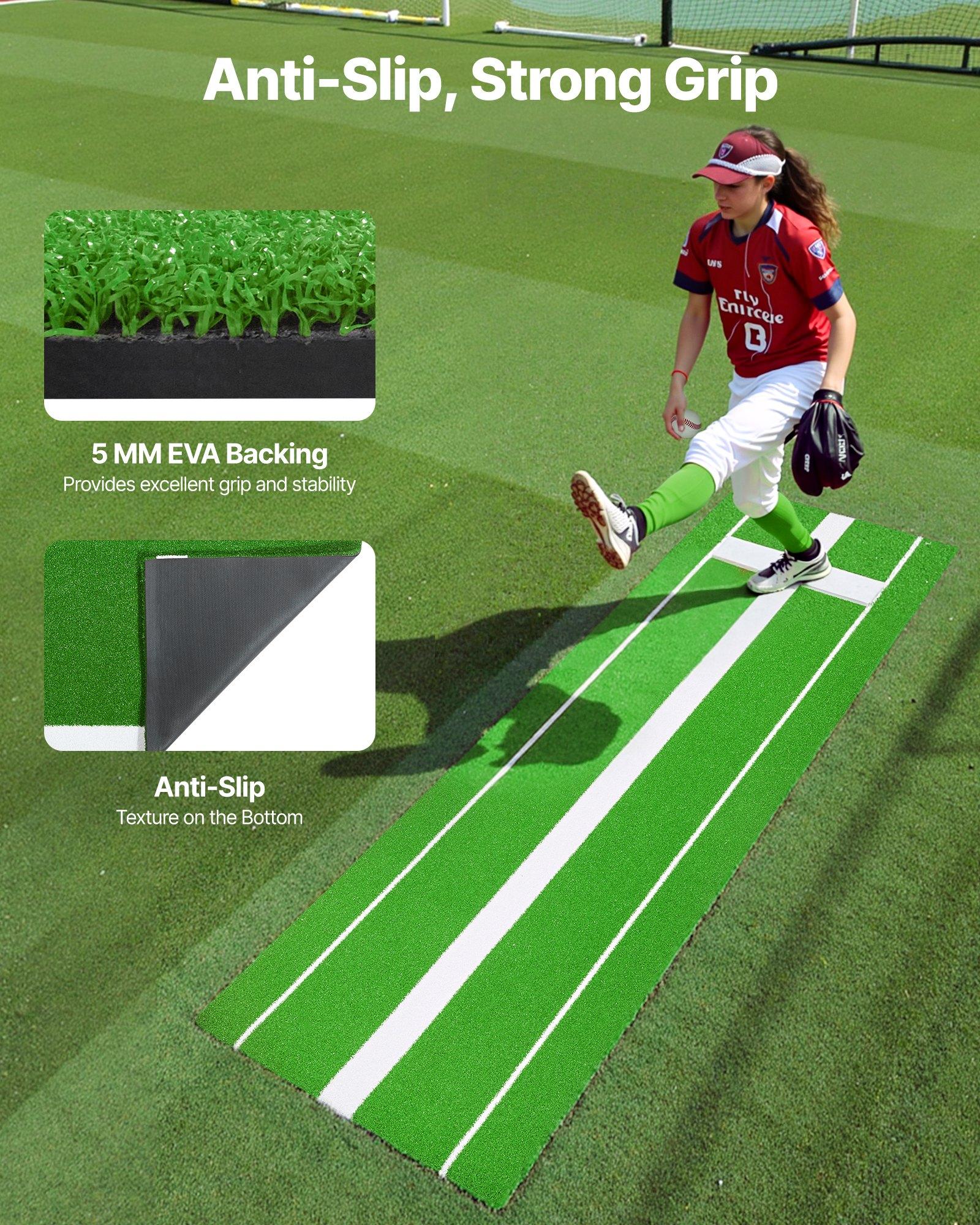 VEVOR Softball Pitching Mat, 10x3 ft Baseball Pitching Rubber Mound, Antifade Turf and Antislip Foam Backing Portable Training Aid, Fastpitch Equipment for Pitchers Indoor Outdoor Practice, Green