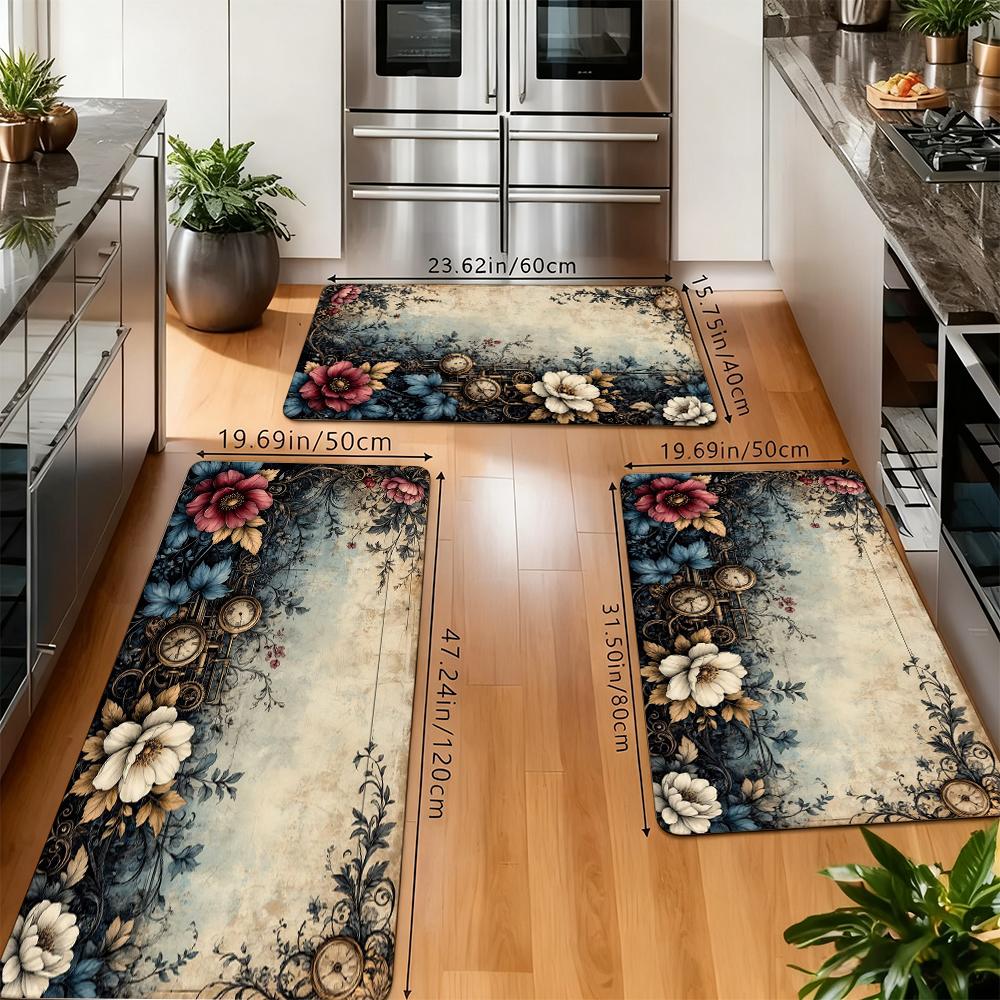 Vintage Steampunk Floral Kitchen Rug Set, Retro Victorian Flower Clock Non-Slip Washable Floor Mats, Aesthetic Botanical Runner Rugs for Kitchen, Living Room & Home Decor