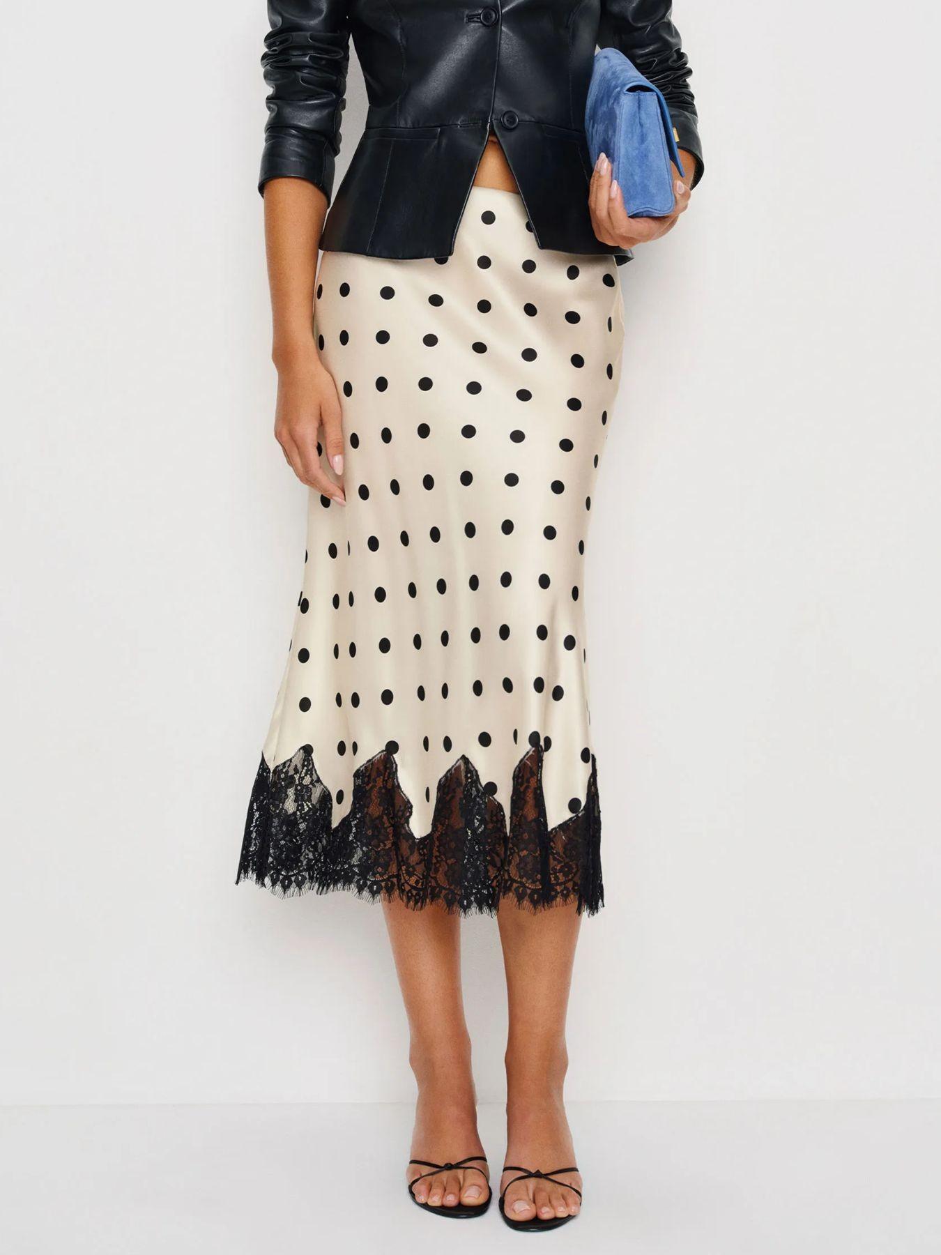 Women's Summer Spring Satin Lace Patchwork High-Waisted Skirt, Long Fitted A-Line Fashion Dress, Ideal for Daily Travel Wear, Lace Trim Skirt