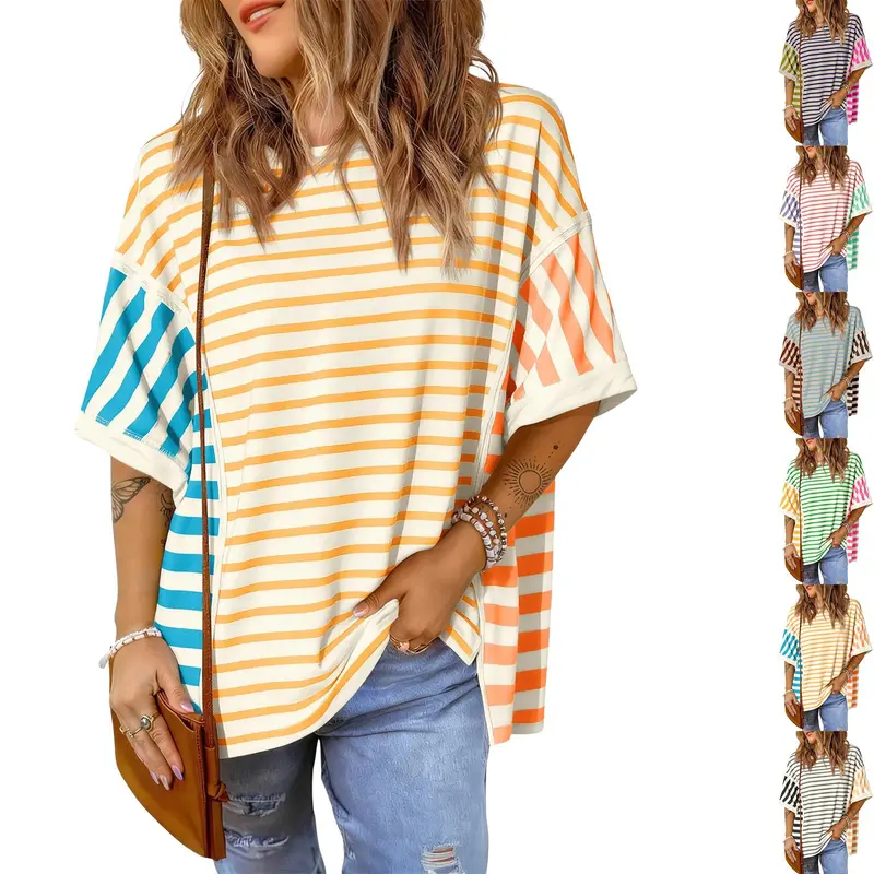 Tankaneo Womens Oversized Striped T-Shirts Color Block Short Sleeve Tee Tops Summer Casual High Low Hem Shirts