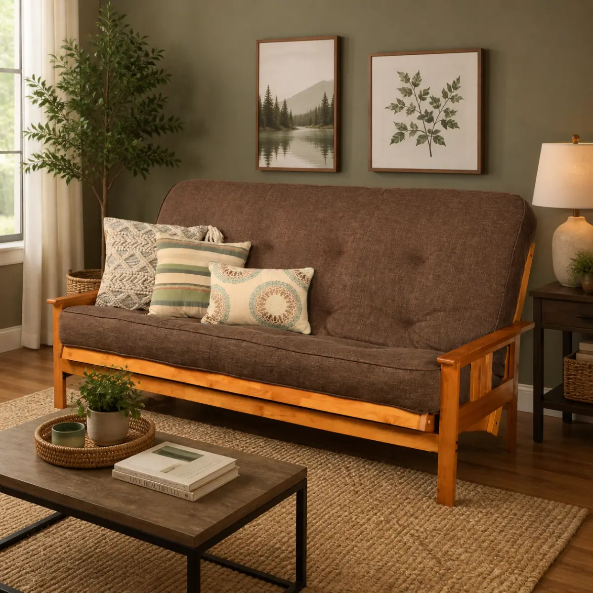 Mission Style Queen-size Futon Frame in Butternut Finish Includes Linen Cocoa Mattress