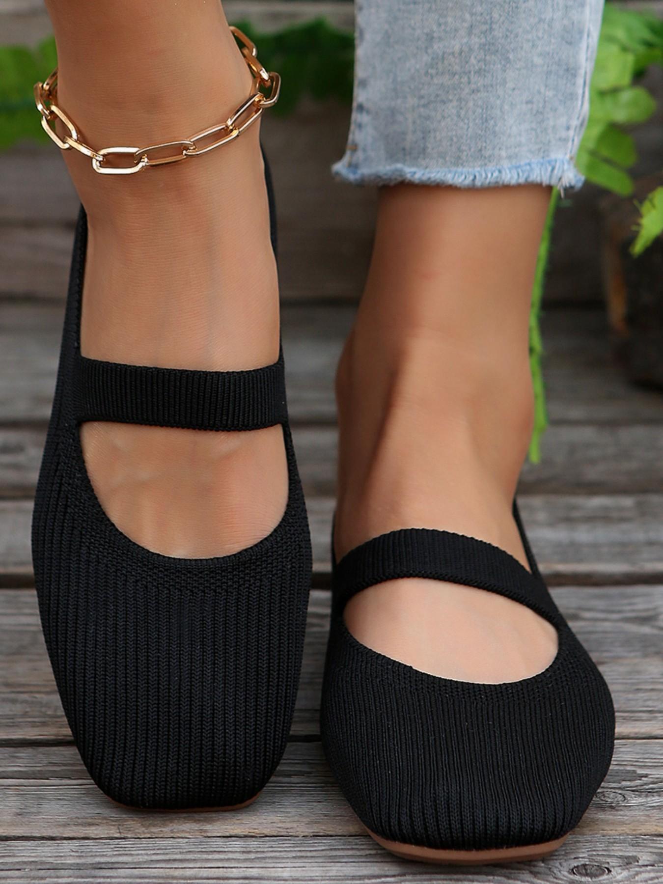 Women's Knitted Striped Mary Jane Shoes Square Toe Casual Trendy Flat Flats Breathable Non-Slip Soft Sole Comfortable Casual Daily Wear Fashion Footwear Versatile Shoes Fashionable Flats