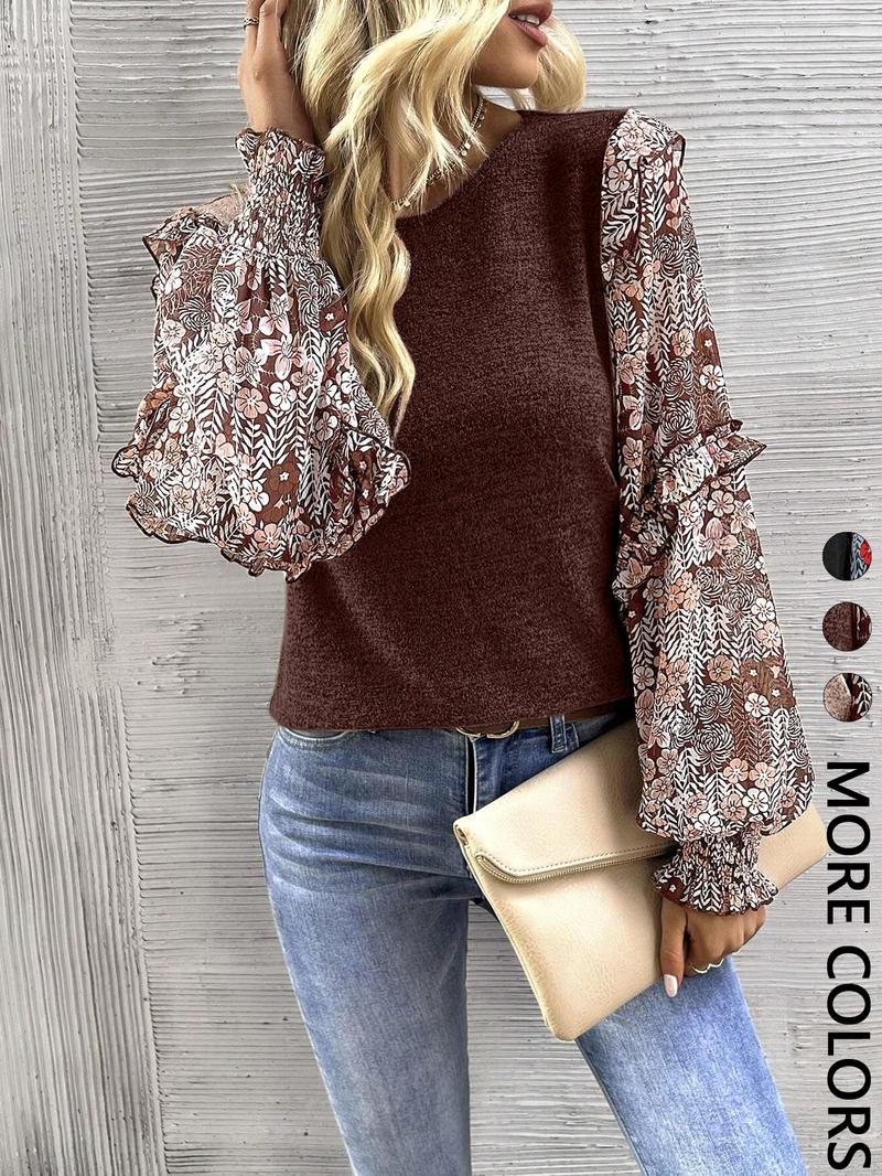 Women's Round Neck Lantern Sleeve Floral Print Patchwork Casual Cute Fall T-Shirt, Long Sleeve Top for Autumn Fashion