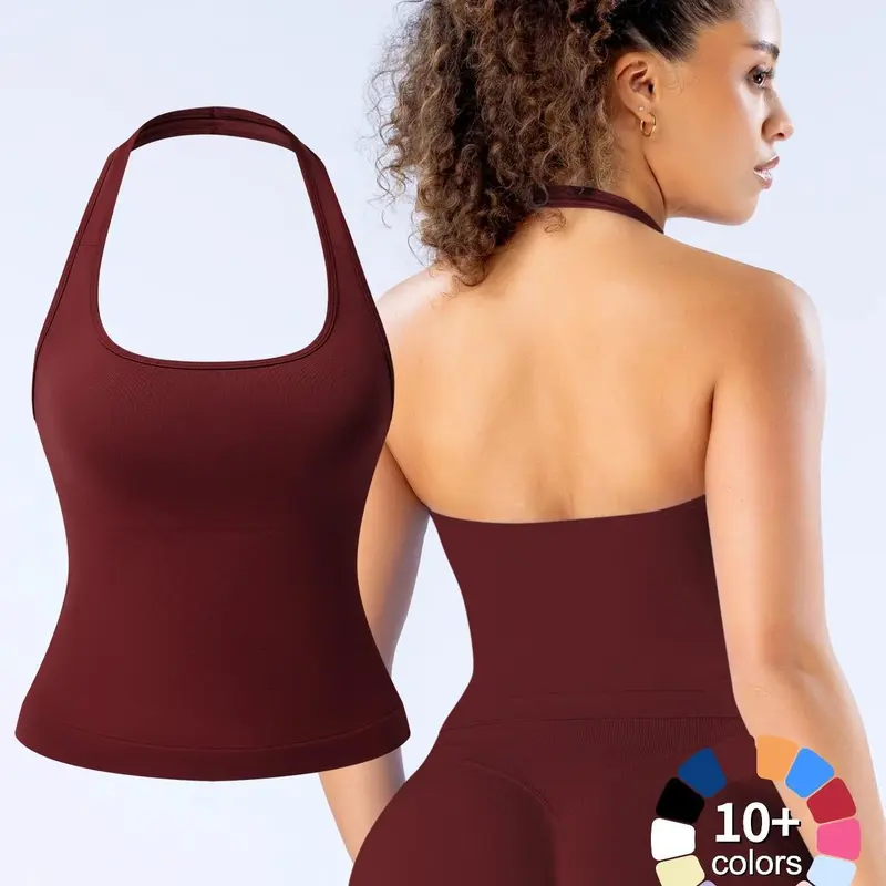 1/2/3 Pcs Women's Yoga Halter Neck Sleeveless Sports Top Workout Tops Tank Top with Removable Pads, Three-Layer Seamless Backless Tank Tops Casual Solid Color Soft All Seasons Wear Activewear Clothes