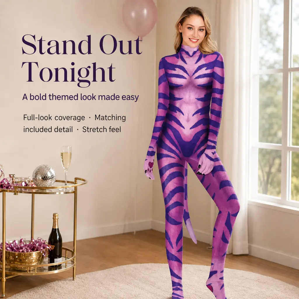 Women's Avatar Themed Purple Striped Full-Body Catsuit with Tail, Halloween Cosplay Costume, Matching Kids Sizes Available